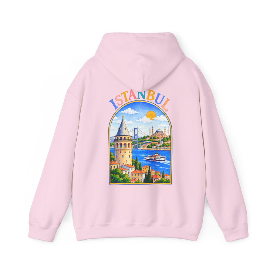 Rose pâle – Sweat à capuche unisexe Istanbul, vue de dos avec l'illustration Istanbul : tour de Galata et Bosphore