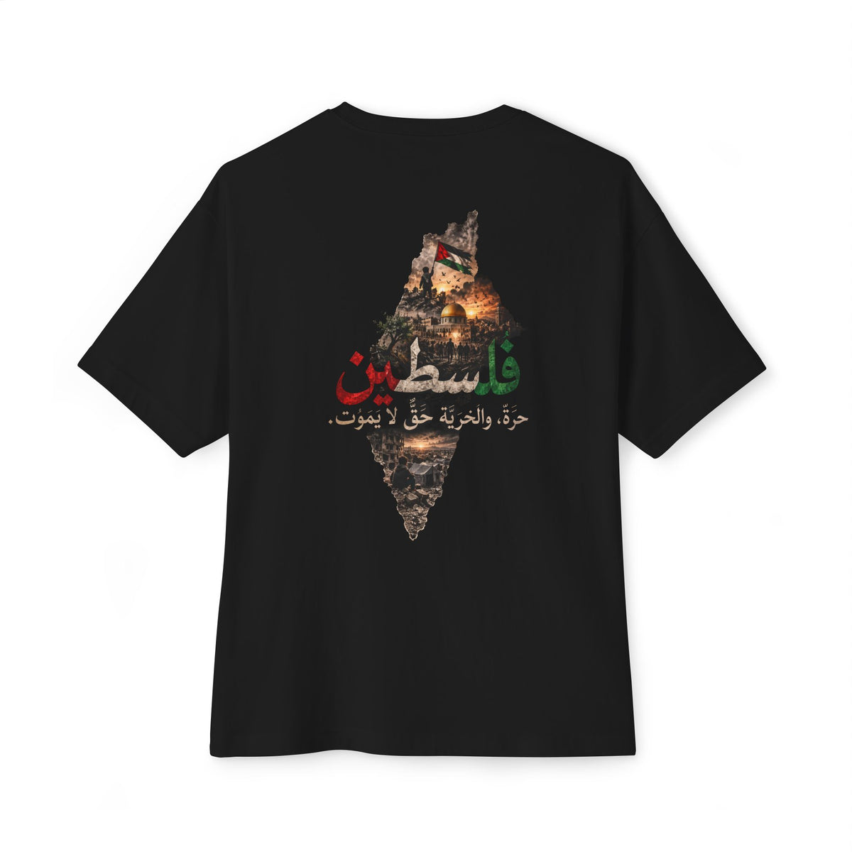 Noir – T-shirt oversize unisexe Palestine coupe boxy, vue de dos avec l'illustration Filastin et la carte de la Palestine