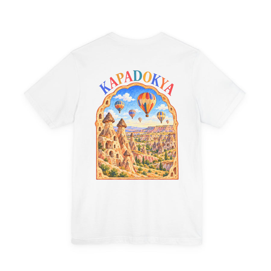 Blanc – T-shirt unisexe Kapadokya, vue de dos avec la grande illustration Kapadokya et ses montgolfières