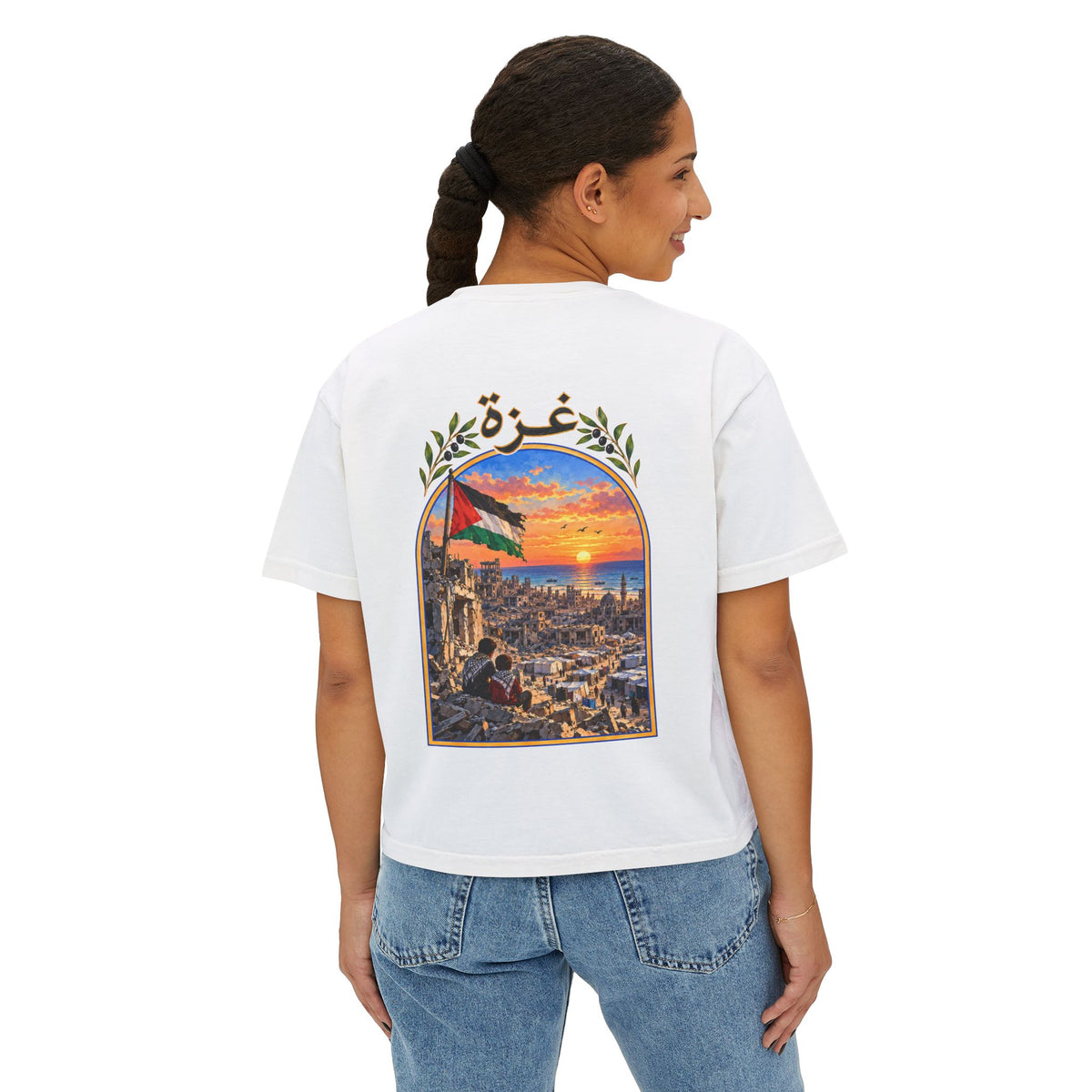 Blanc – T-shirt boxy pour femme Gaza, porté de dos