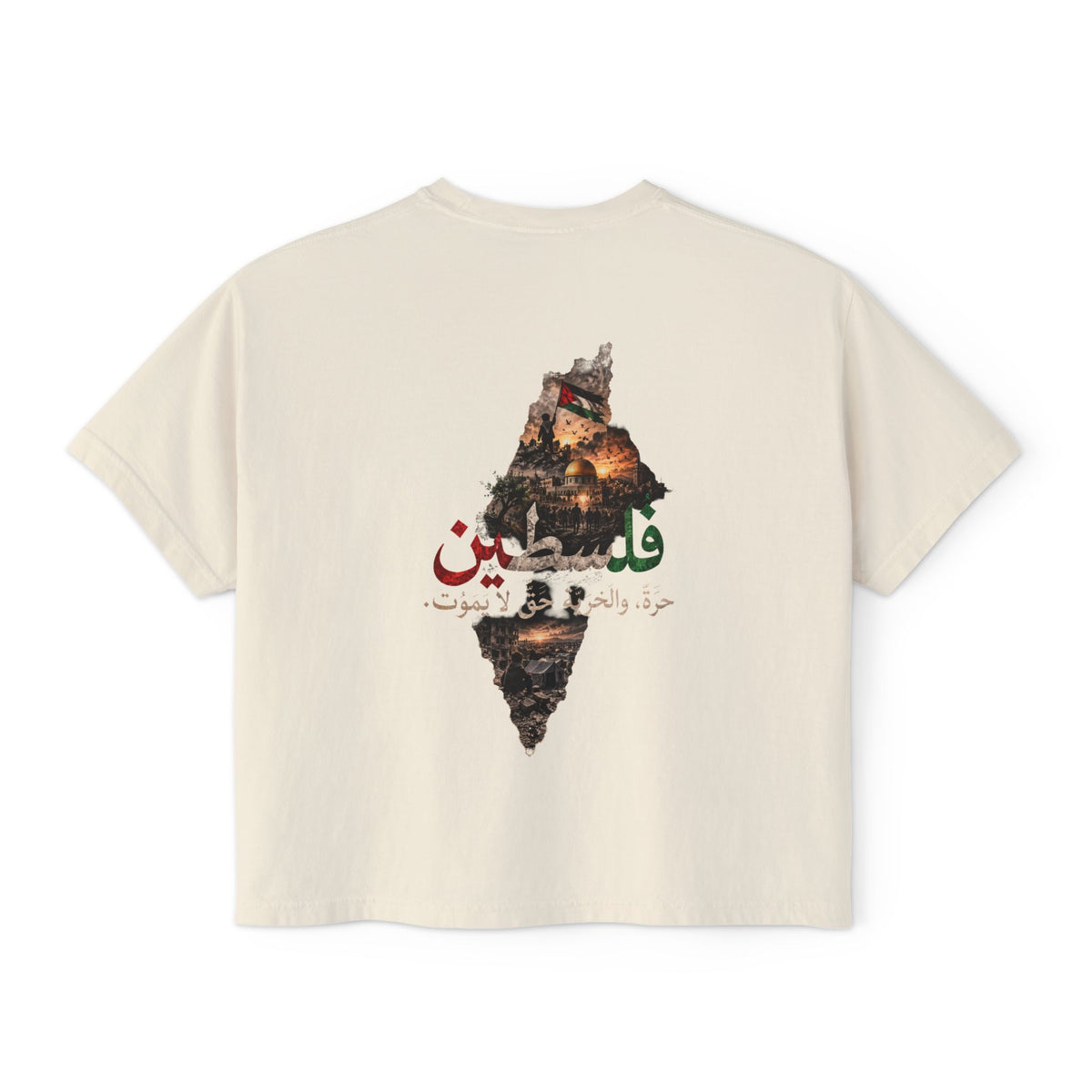 Ivoire – T-shirt boxy pour femme Filastin, vue de dos avec l'illustration Filastin et la carte de la Palestine