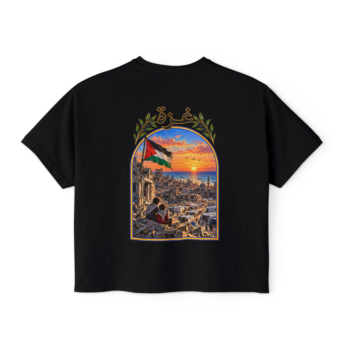 Noir – T-shirt boxy pour femme Gaza, vue de dos avec l'illustration Gaza et le drapeau palestinien