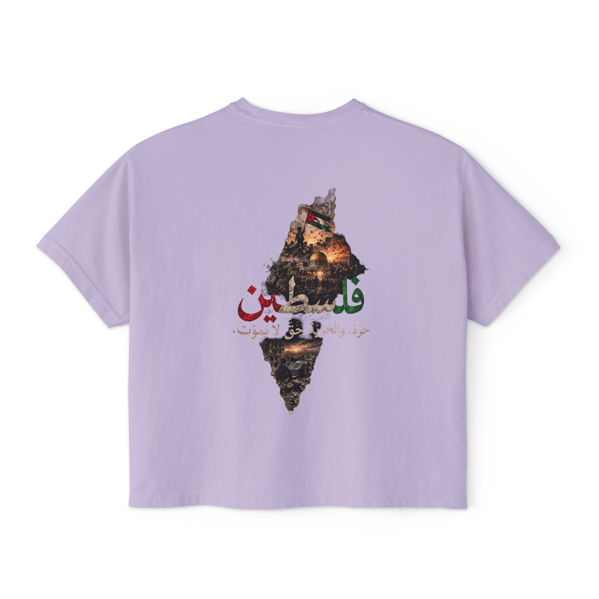Lilas – T-shirt boxy pour femme Filastin, vue de dos avec l'illustration Filastin et la carte de la Palestine