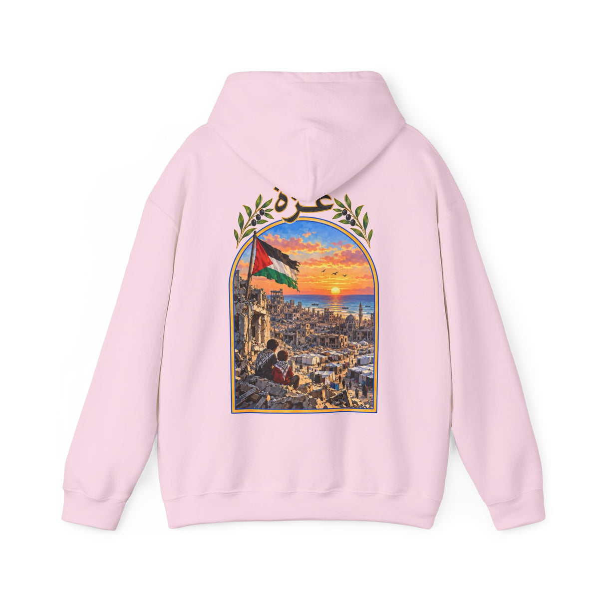 Rose pâle – Sweat à capuche unisexe Palestine, vue de dos avec l'illustration Gaza et le drapeau palestinien