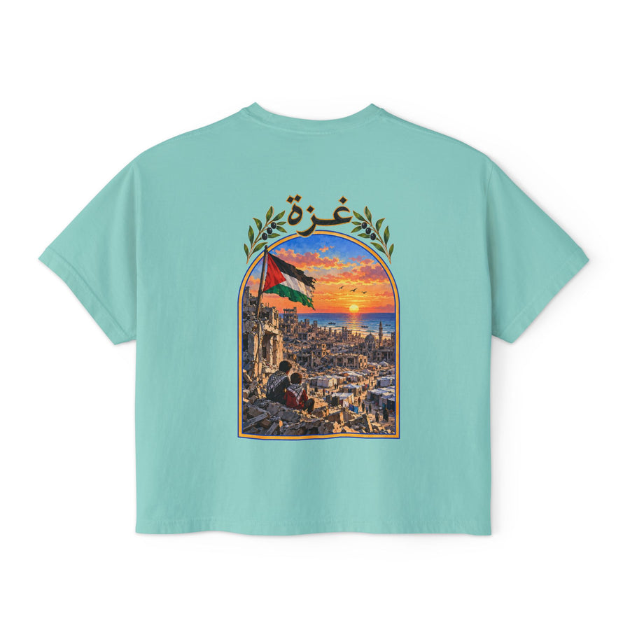 Menthe – T-shirt boxy pour femme Palestine, vue de dos avec l'illustration Gaza et le drapeau palestinien