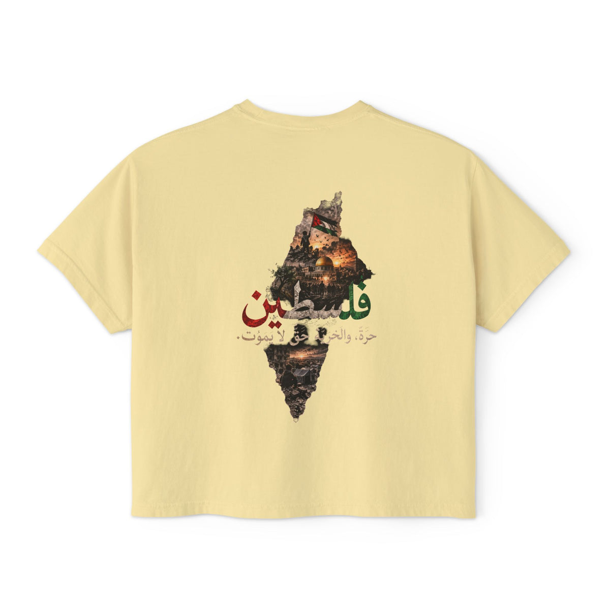 Jaune – T-shirt boxy pour femme Filastin, vue de dos avec l'illustration Filastin et la carte de la Palestine