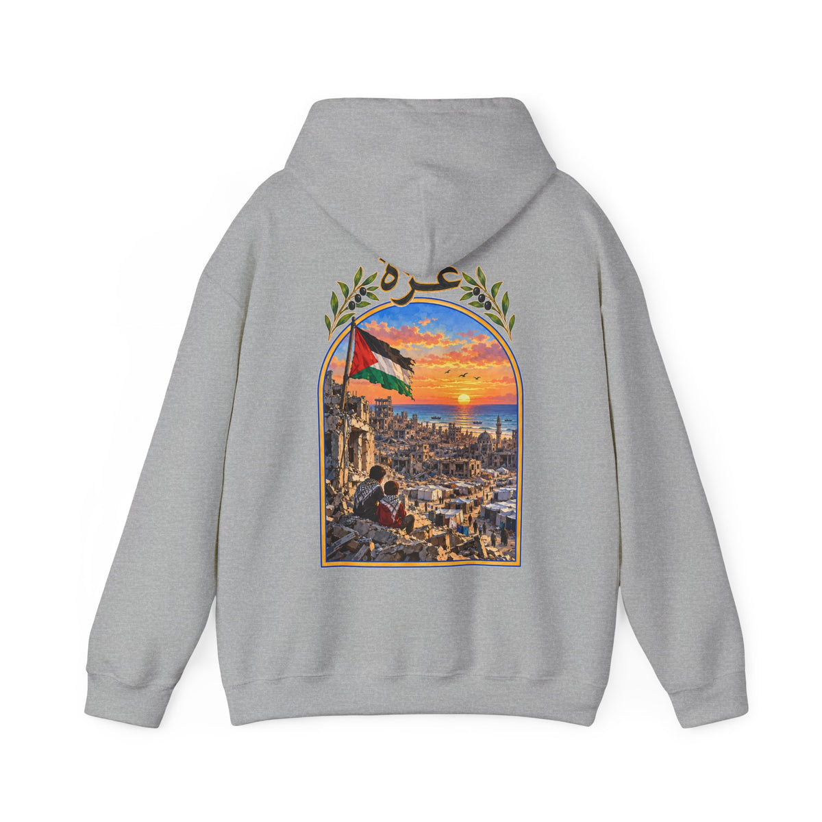 Gris chiné – Sweat à capuche unisexe Palestine, vue de dos avec l'illustration Gaza et le drapeau palestinien