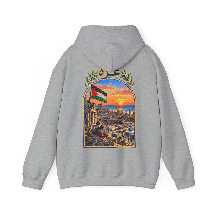 Gris chiné – Sweat à capuche unisexe Palestine, vue de dos avec l'illustration Gaza et le drapeau palestinien