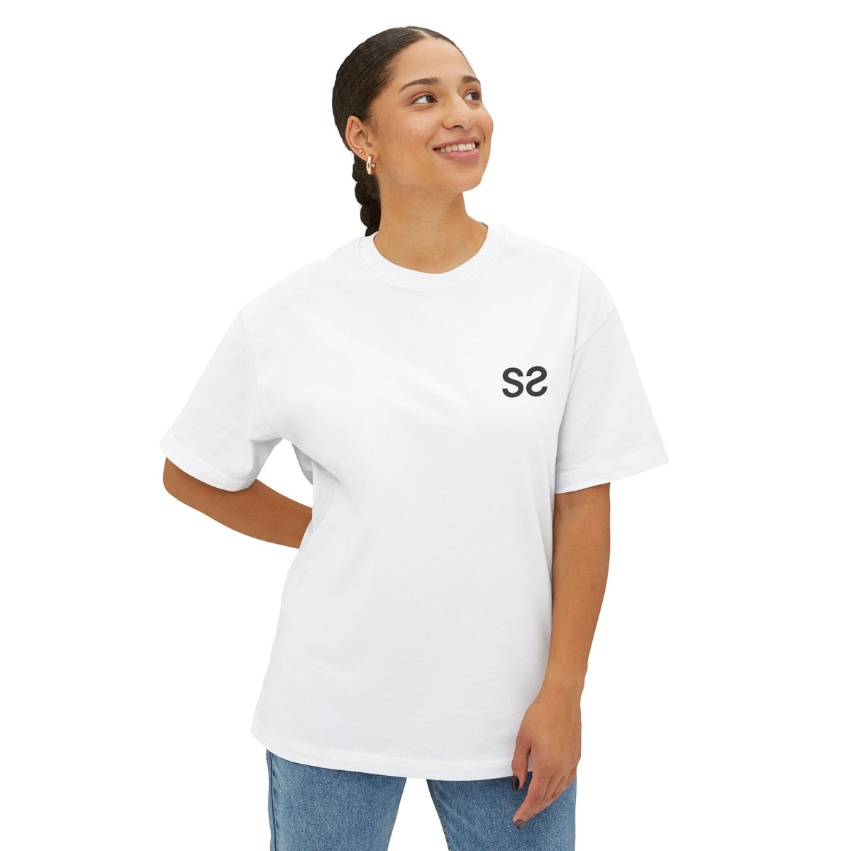 Blanc – T-shirt oversize unisexe Double S coupe boxy, porté de face