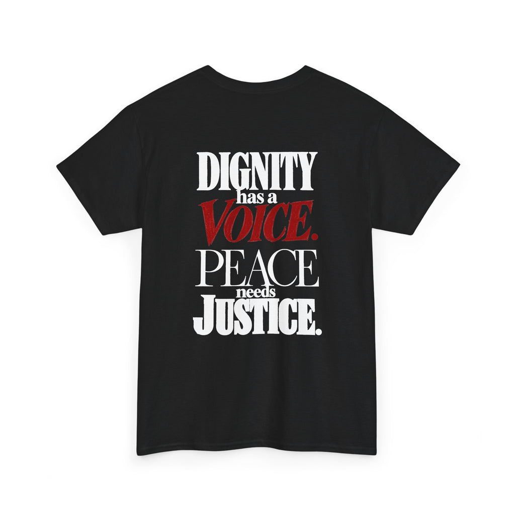 Noir – T-shirt unisexe Pastèque, vue de dos avec le message Dignity has a voice. Peace needs justice.