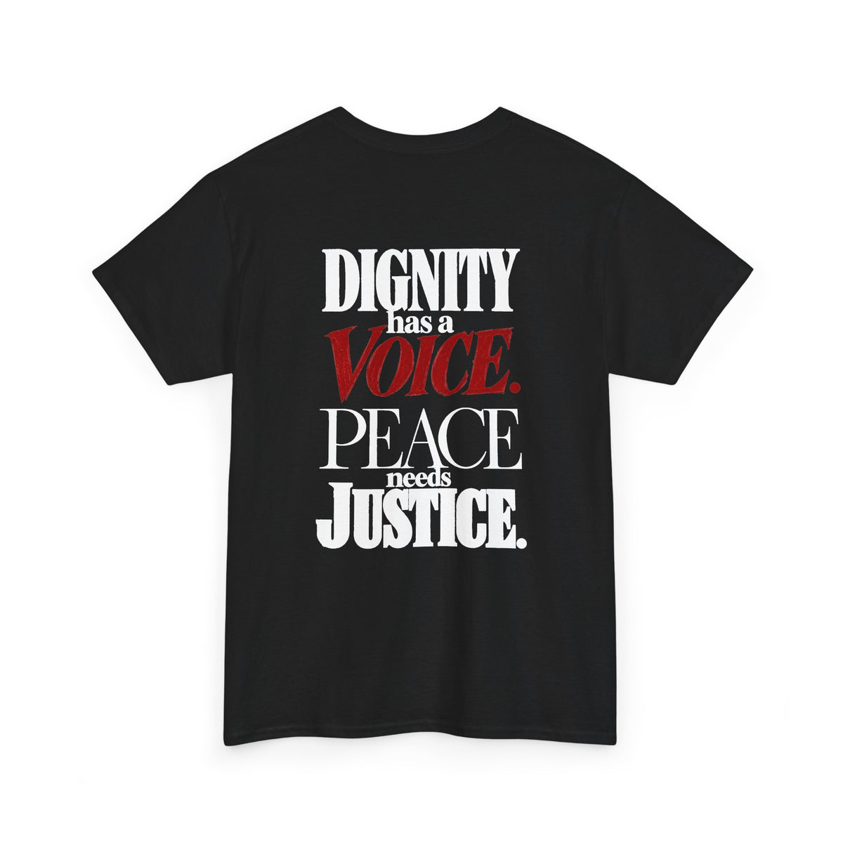 Noir – T-shirt unisexe Pastèque, vue de dos avec le message Dignity has a voice. Peace needs justice.
