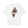 Blanc – T-shirt oversize unisexe Palestine coupe boxy, vue de dos avec l'illustration Filastin et la carte de la Palestine