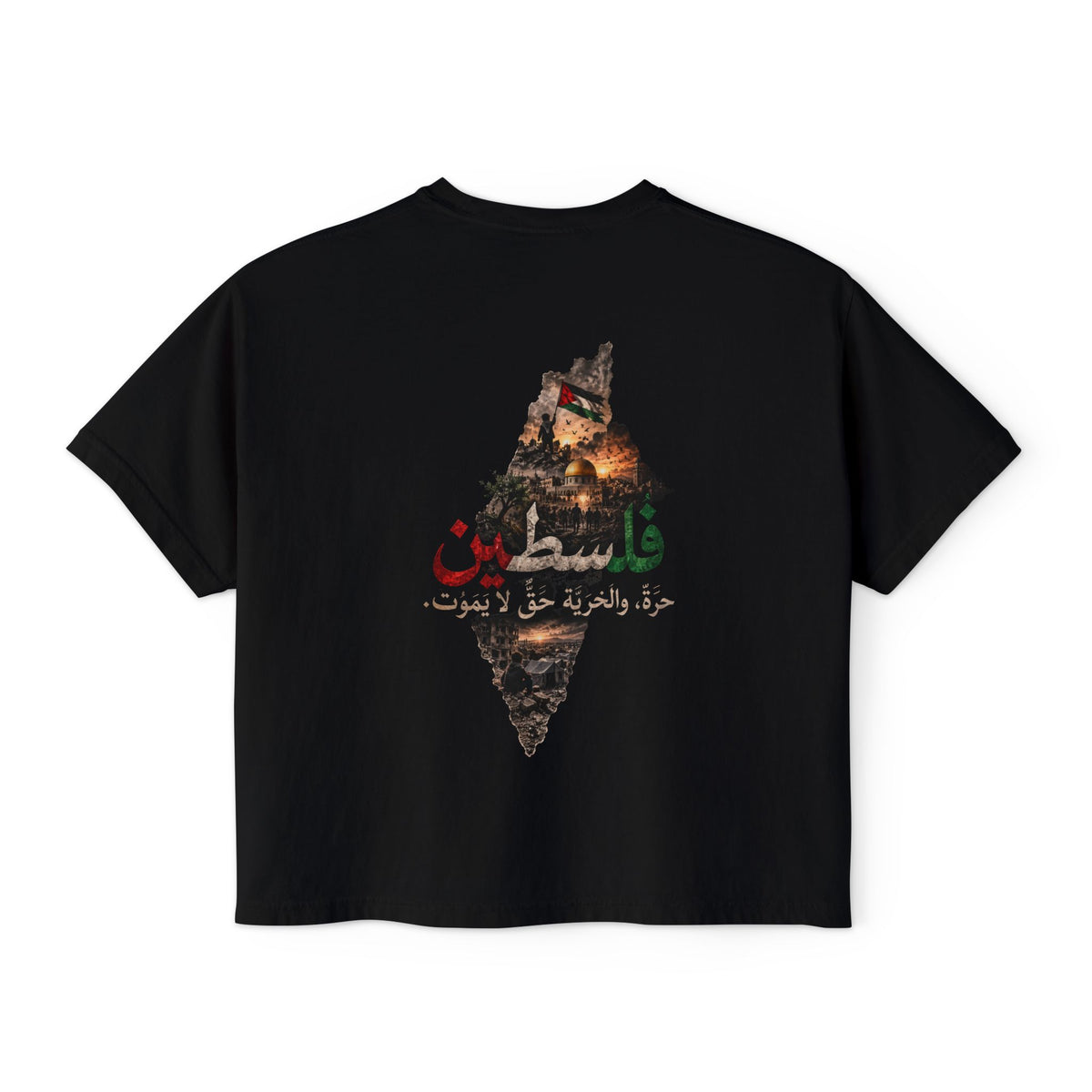 Noir – T-shirt boxy pour femme Filastin, vue de dos avec l'illustration Filastin et la carte de la Palestine