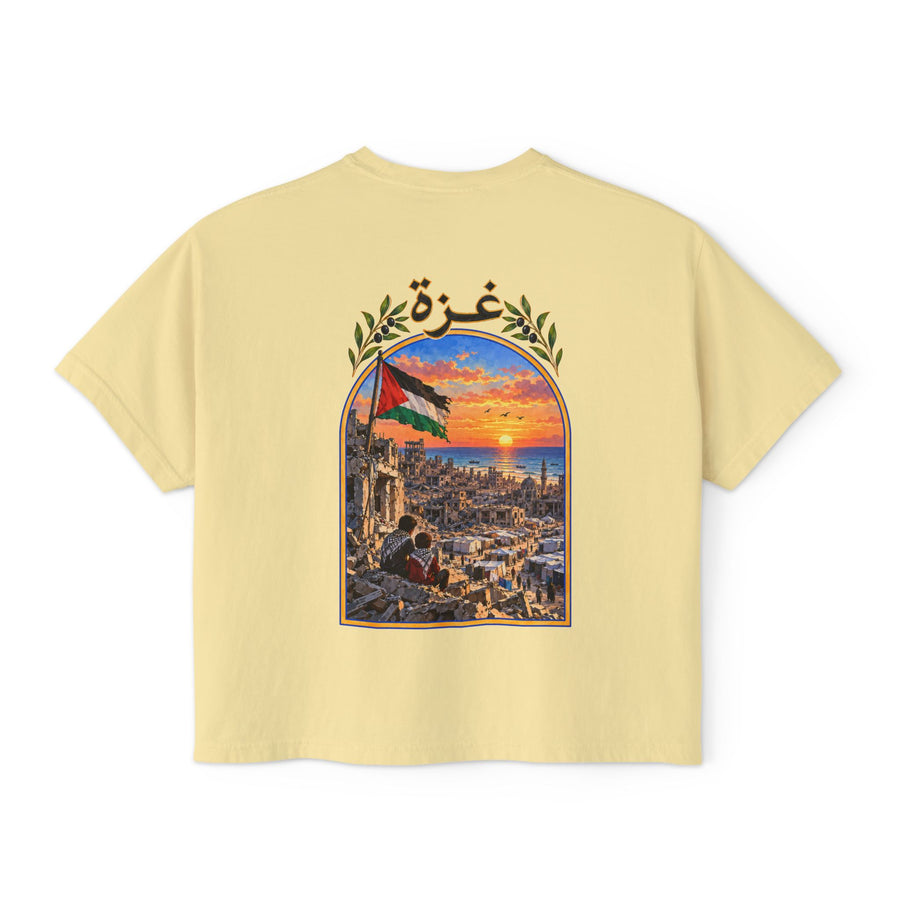 Jaune – T-shirt boxy pour femme Palestine, vue de dos avec l'illustration Gaza et le drapeau palestinien
