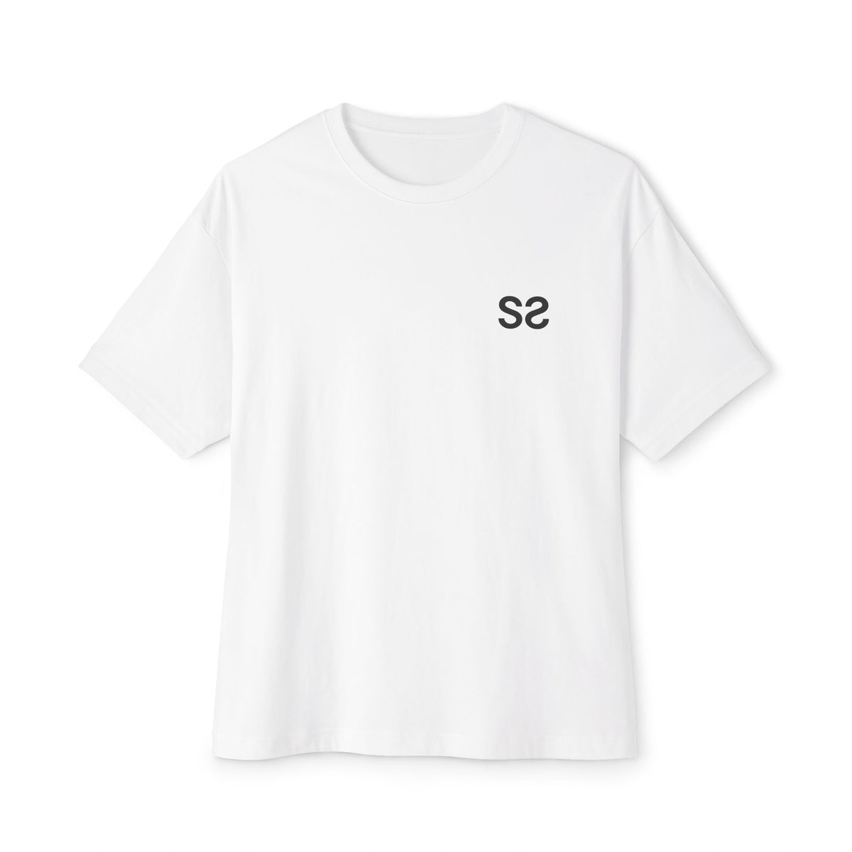 Blanc – T-shirt oversize unisexe Double S coupe boxy, vue de face avec le logo Double S