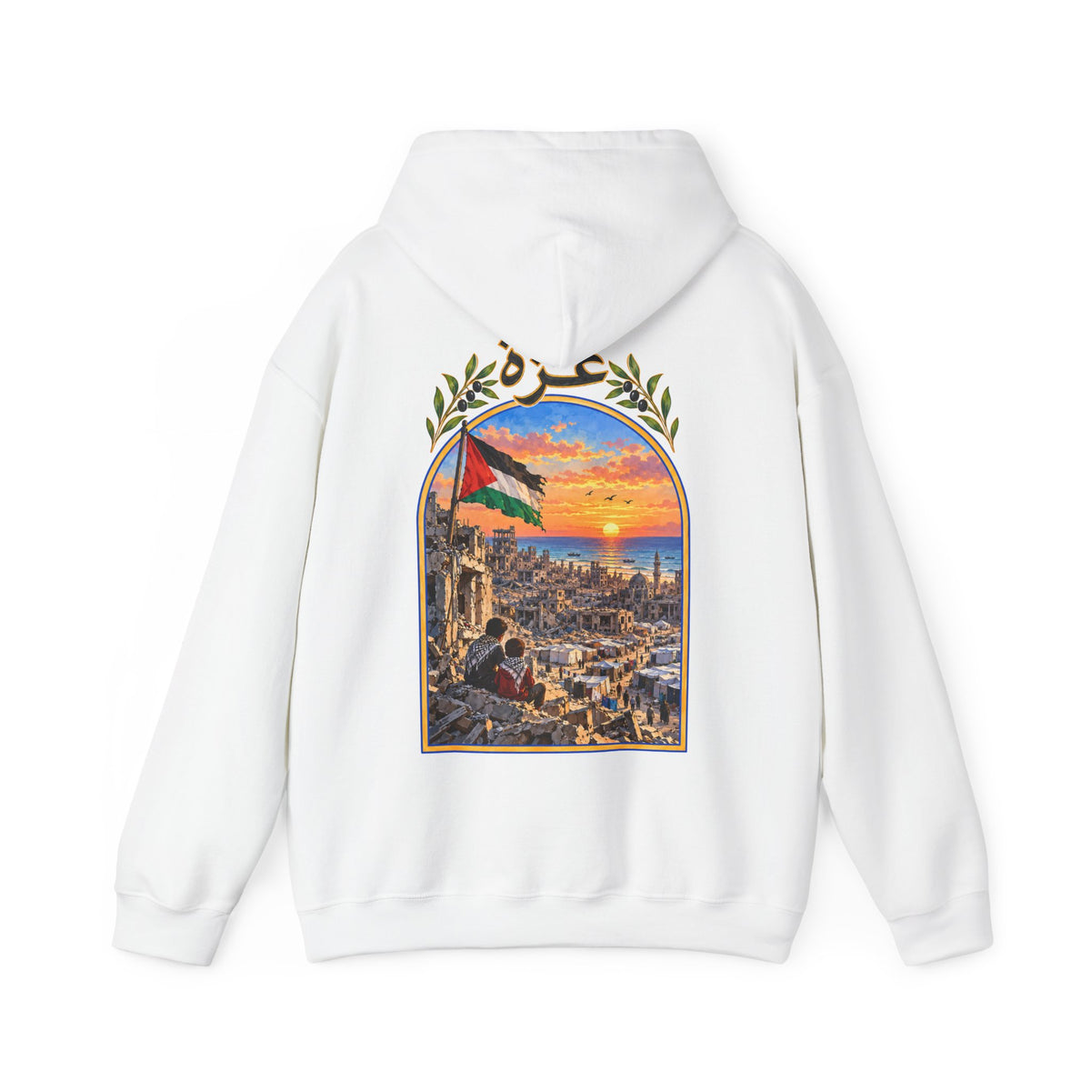 Blanc – Sweat à capuche unisexe Palestine, vue de dos avec l'illustration Gaza et le drapeau palestinien