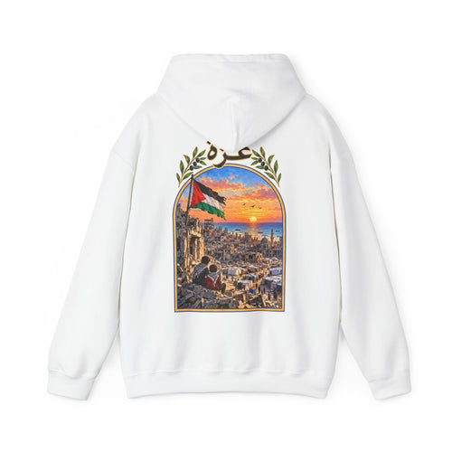 Blanc – Sweat à capuche unisexe Palestine, vue de dos avec l'illustration Gaza et le drapeau palestinien
