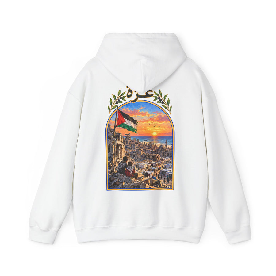 Blanc – Sweat à capuche unisexe Palestine, vue de dos avec l'illustration Gaza et le drapeau palestinien