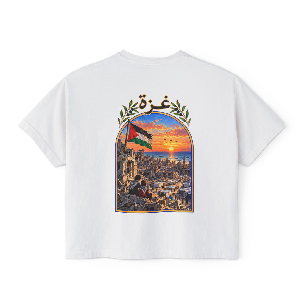 Blanc – T-shirt boxy pour femme Gaza, vue de dos avec l'illustration Gaza et le drapeau palestinien