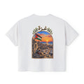 Blanc – T-shirt boxy pour femme Gaza, vue de dos avec l'illustration Gaza et le drapeau palestinien