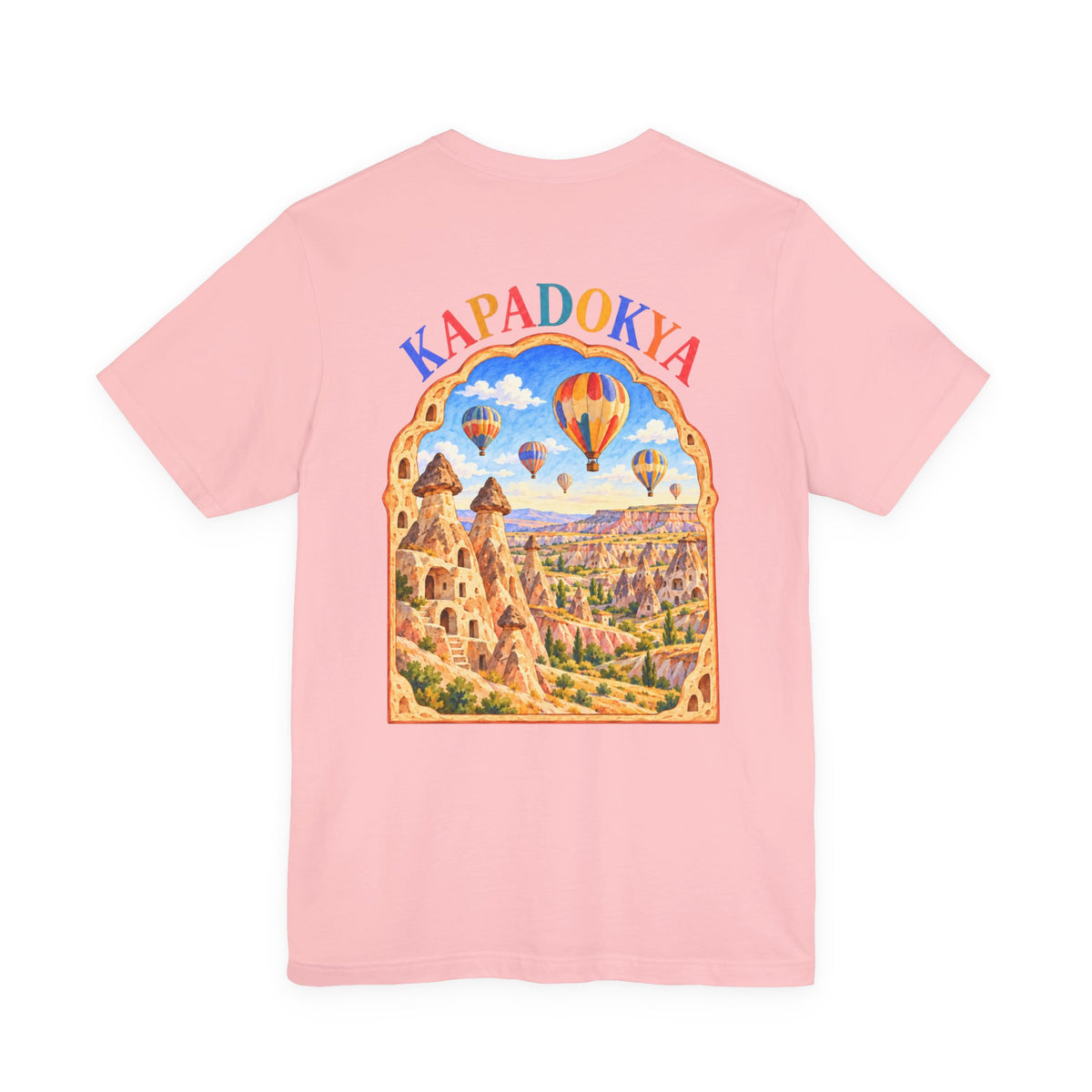 Rose – T-shirt unisexe Kapadokya, vue de dos avec la grande illustration Kapadokya et ses montgolfières