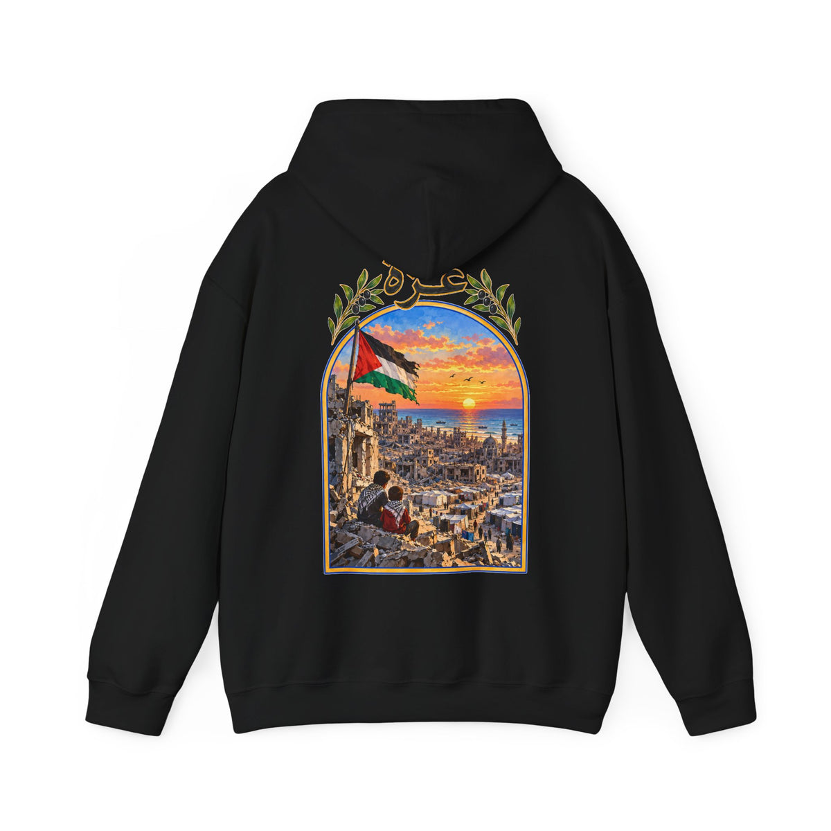 Noir – Sweat à capuche unisexe Palestine, vue de dos avec l'illustration Gaza et le drapeau palestinien