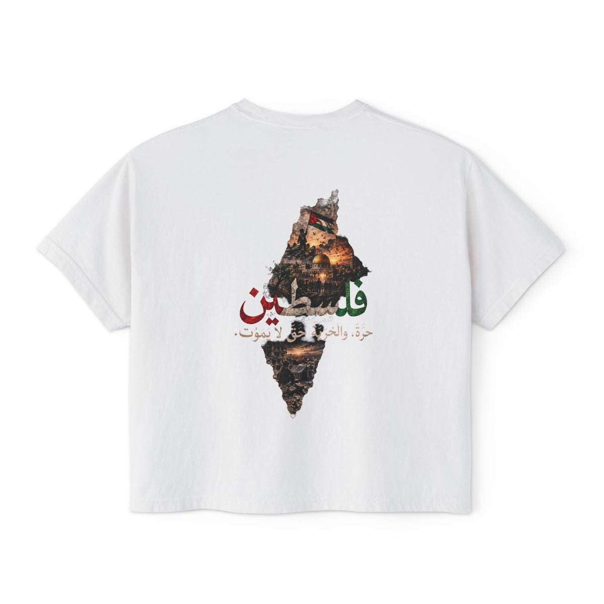 Blanc – T-shirt boxy pour femme Filastin, vue de dos avec l'illustration Filastin et la carte de la Palestine
