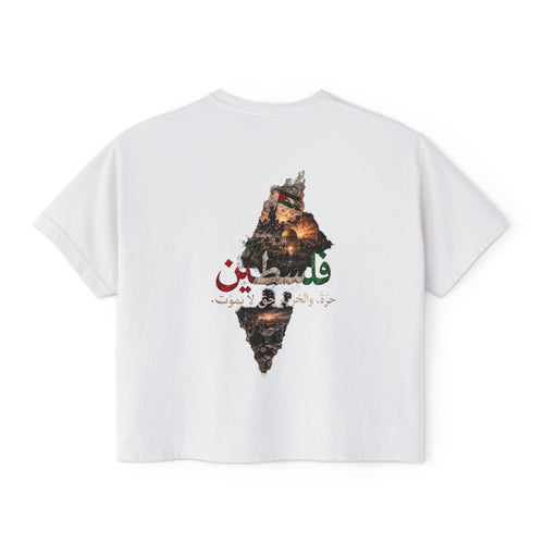 Blanc – T-shirt boxy pour femme Filastin, vue de dos avec l'illustration Filastin et la carte de la Palestine