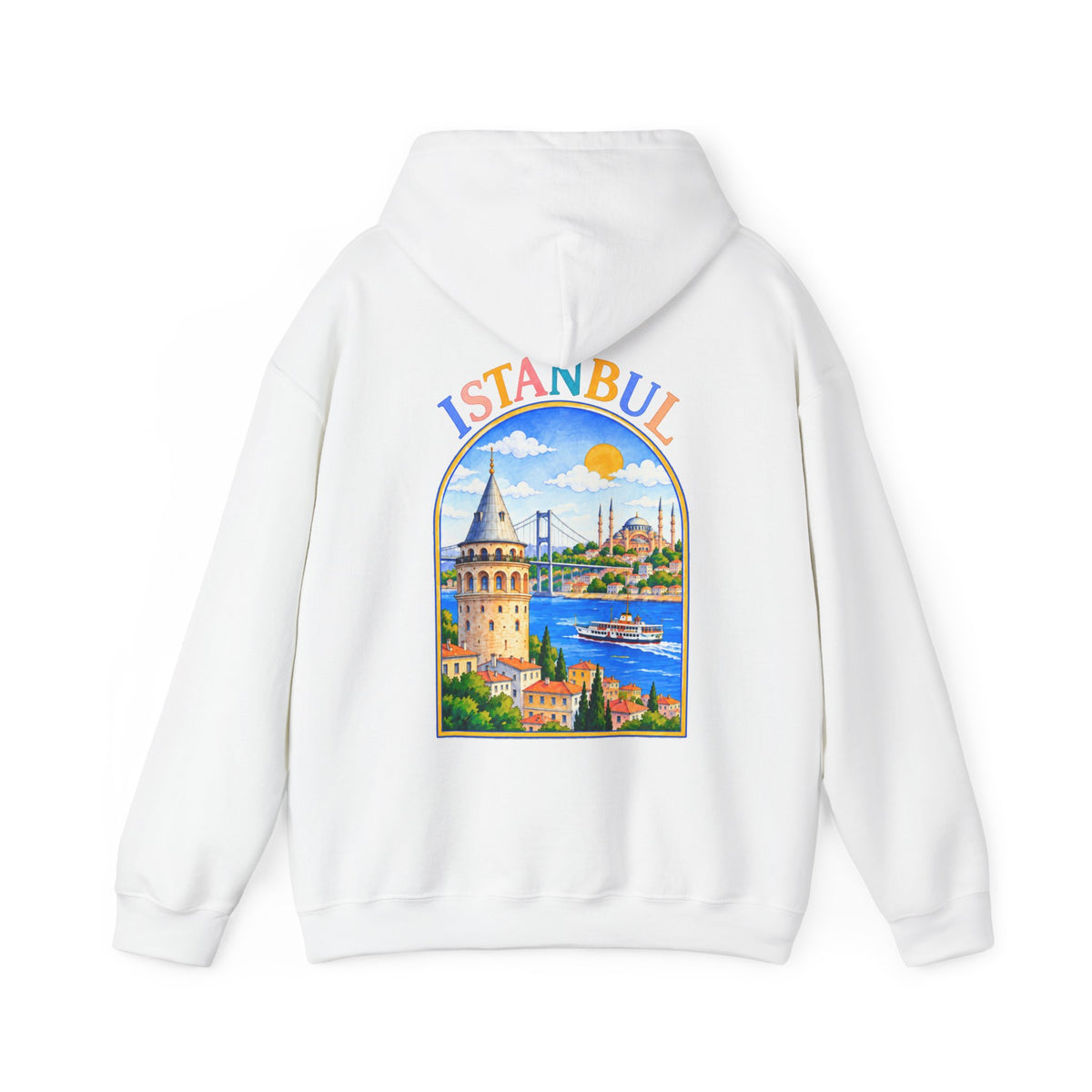 Blanc – Sweat à capuche unisexe Istanbul, vue de dos avec l'illustration Istanbul : tour de Galata et Bosphore