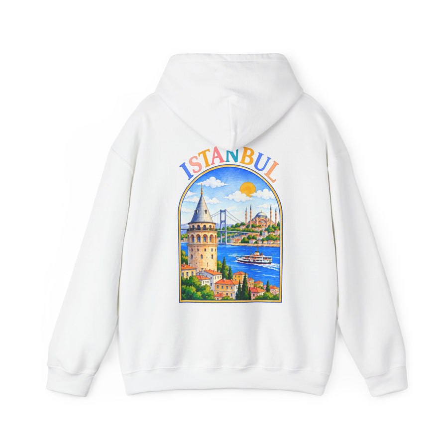 Blanc – Sweat à capuche unisexe Istanbul, vue de dos avec l'illustration Istanbul : tour de Galata et Bosphore
