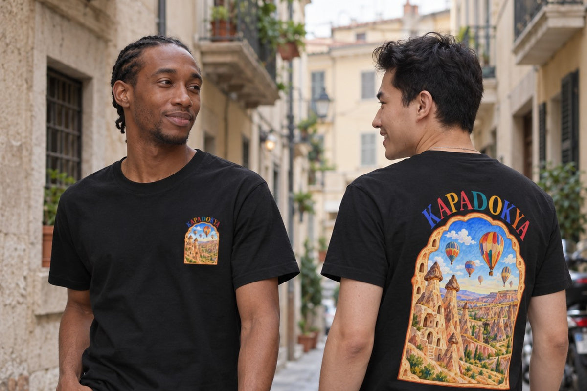 Deux hommes portant le t-shirt Kapadokya noir de Double S, vu de face et de dos