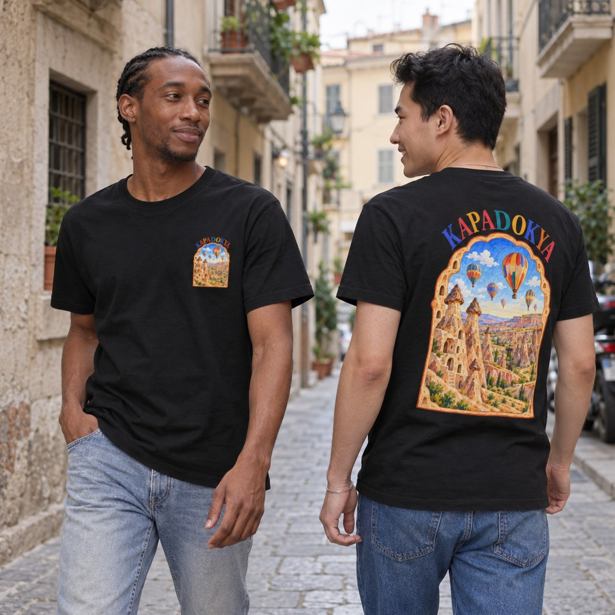 Deux hommes portant le t-shirt Kapadokya noir de Double S dans une ruelle