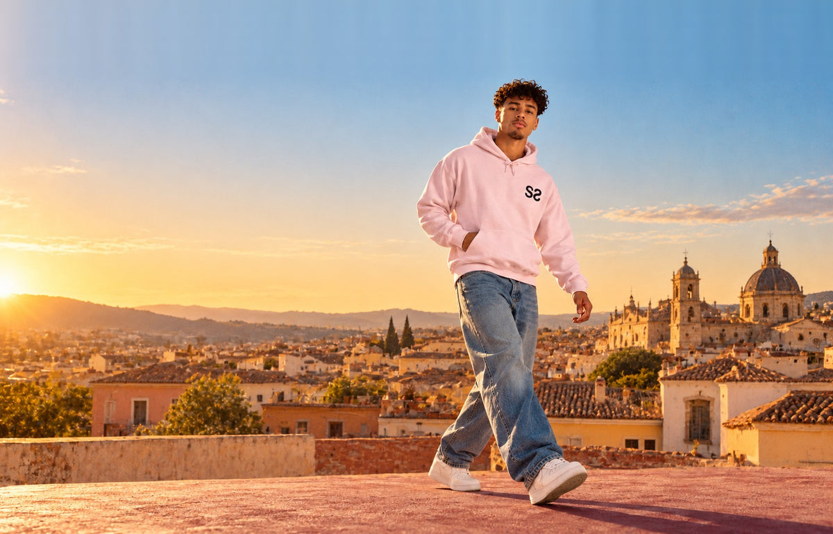 Homme portant le sweat à capuche rose Double S sur un toit au coucher du soleil