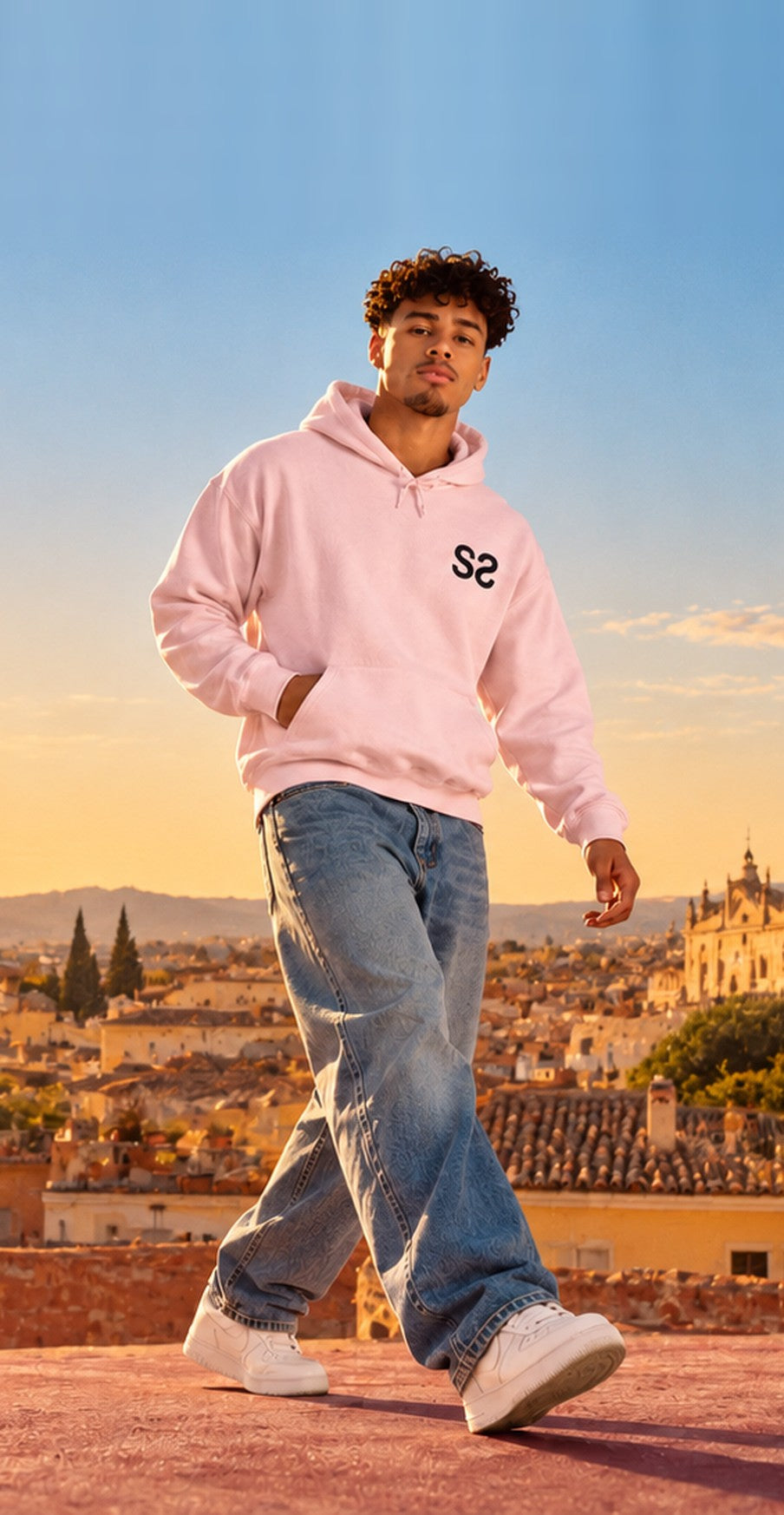 Homme portant le sweat à capuche rose Double S sur un toit au coucher du soleil